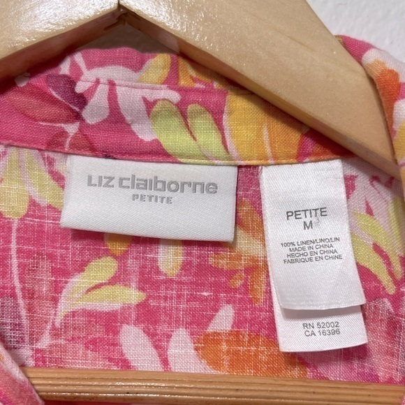 LIZ‎ CLAIBORNE 100% Linen Long Sleeve Colorful Floral Button Up Blouse Petite M - Picture 6 of 6